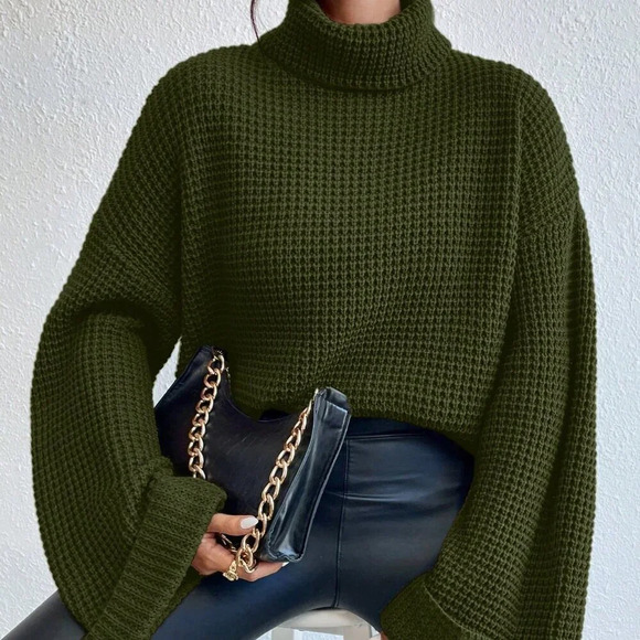Army Green Casual Women's Turtleneck Long Sleeve Sweater - Picture 5 of 6